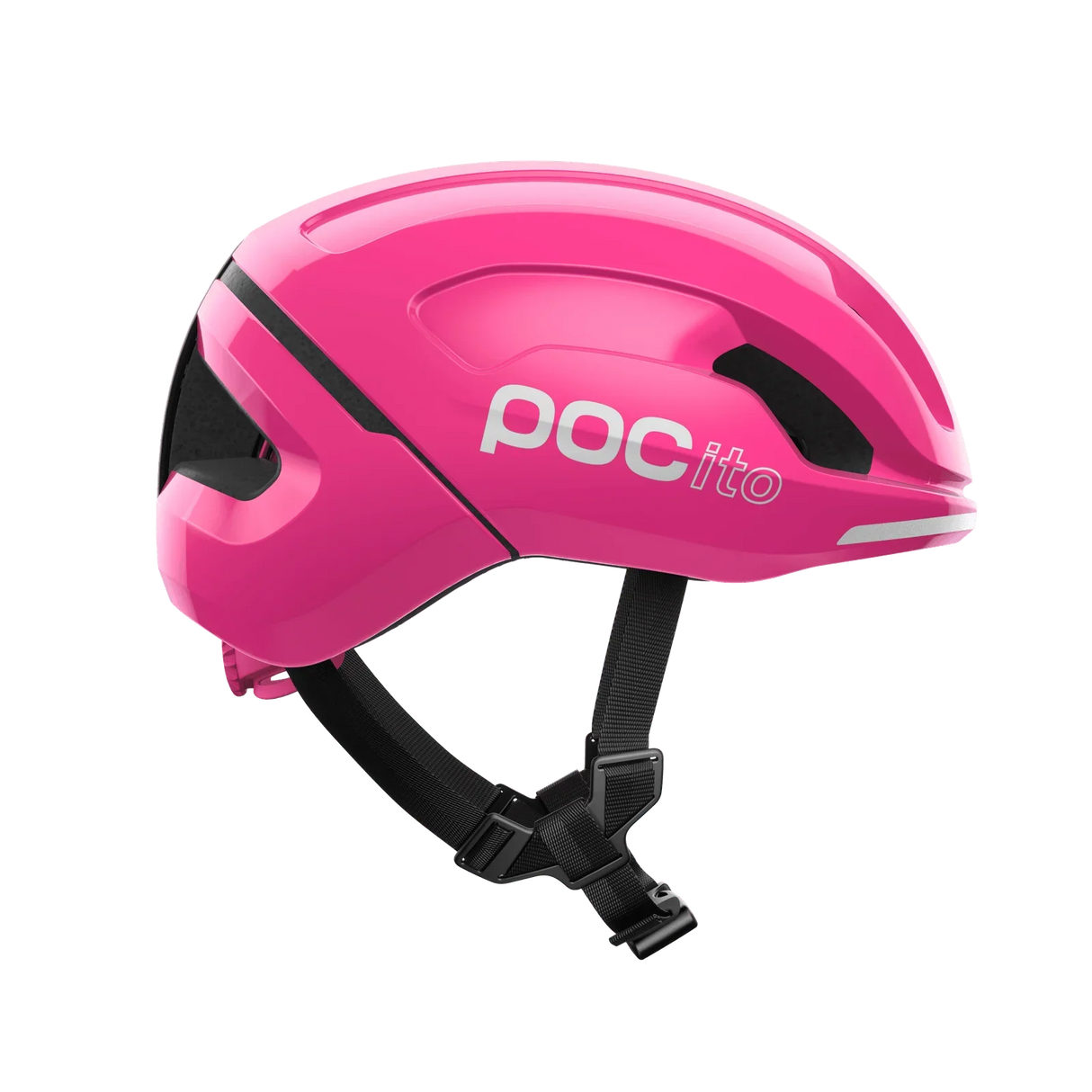 Rosa POCito cykelhjälm med svart hakrem för barn
