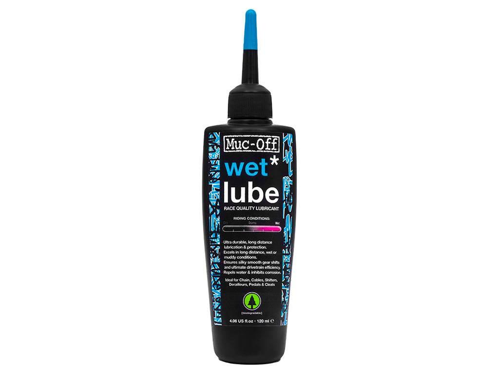 Muc-Off wet lube cykelfett i svart flaska med blå och vit text för våta förhållanden