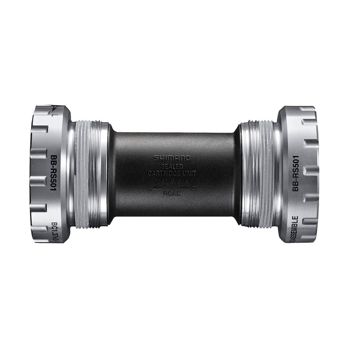 Shimano BB-RS501 vevlager med svart kropp och silvergängade kopplingar för landsvägscykel