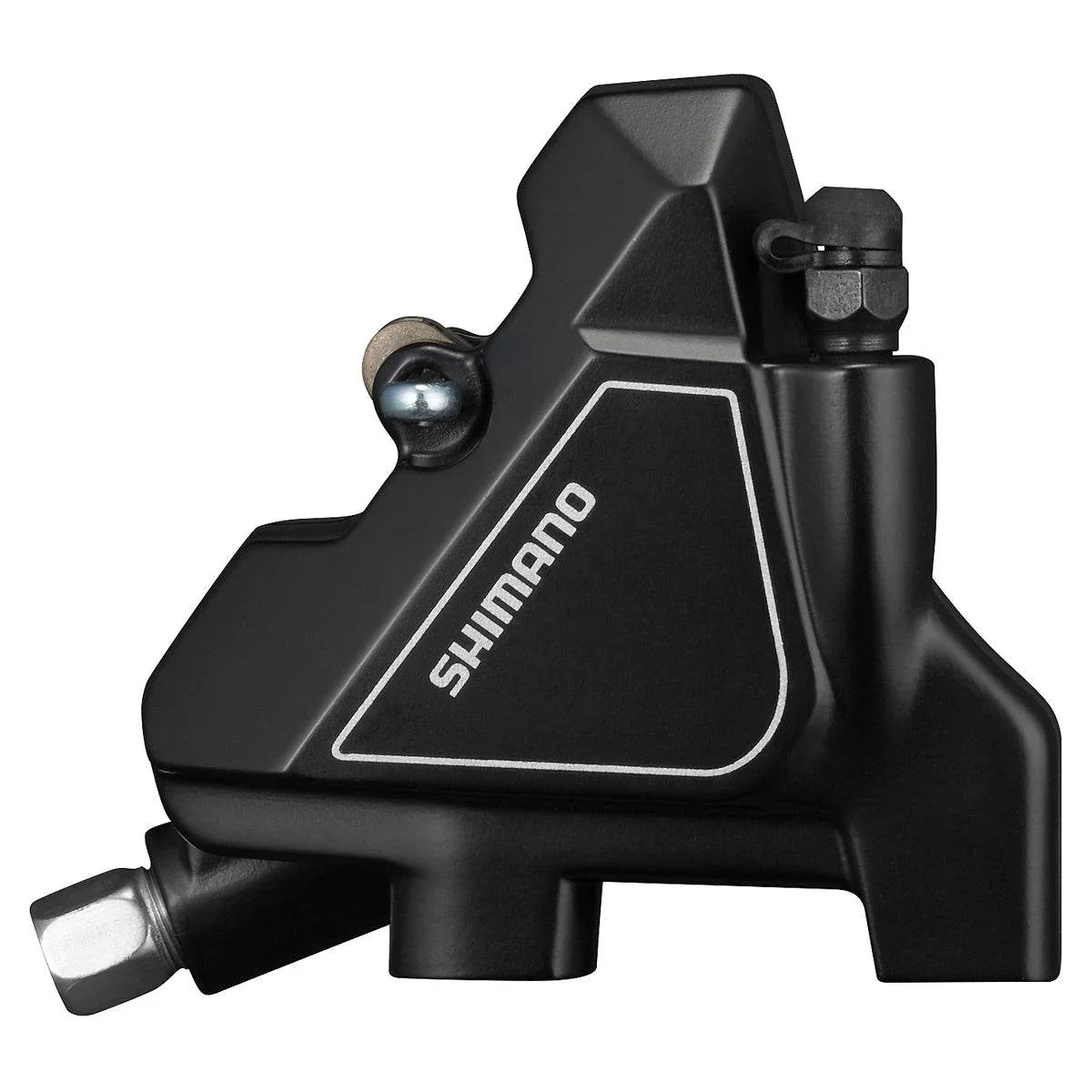 Shimano svart cykelbroms caliper med vitt märke för hydraulisk skivbroms