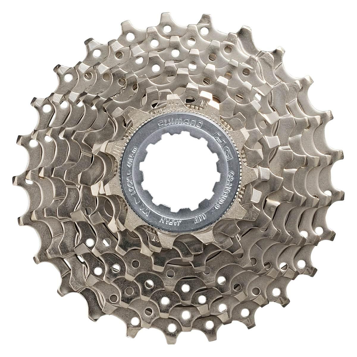Shimano 9-växlad cykelkassett med silverfärgade kugghjul i metall