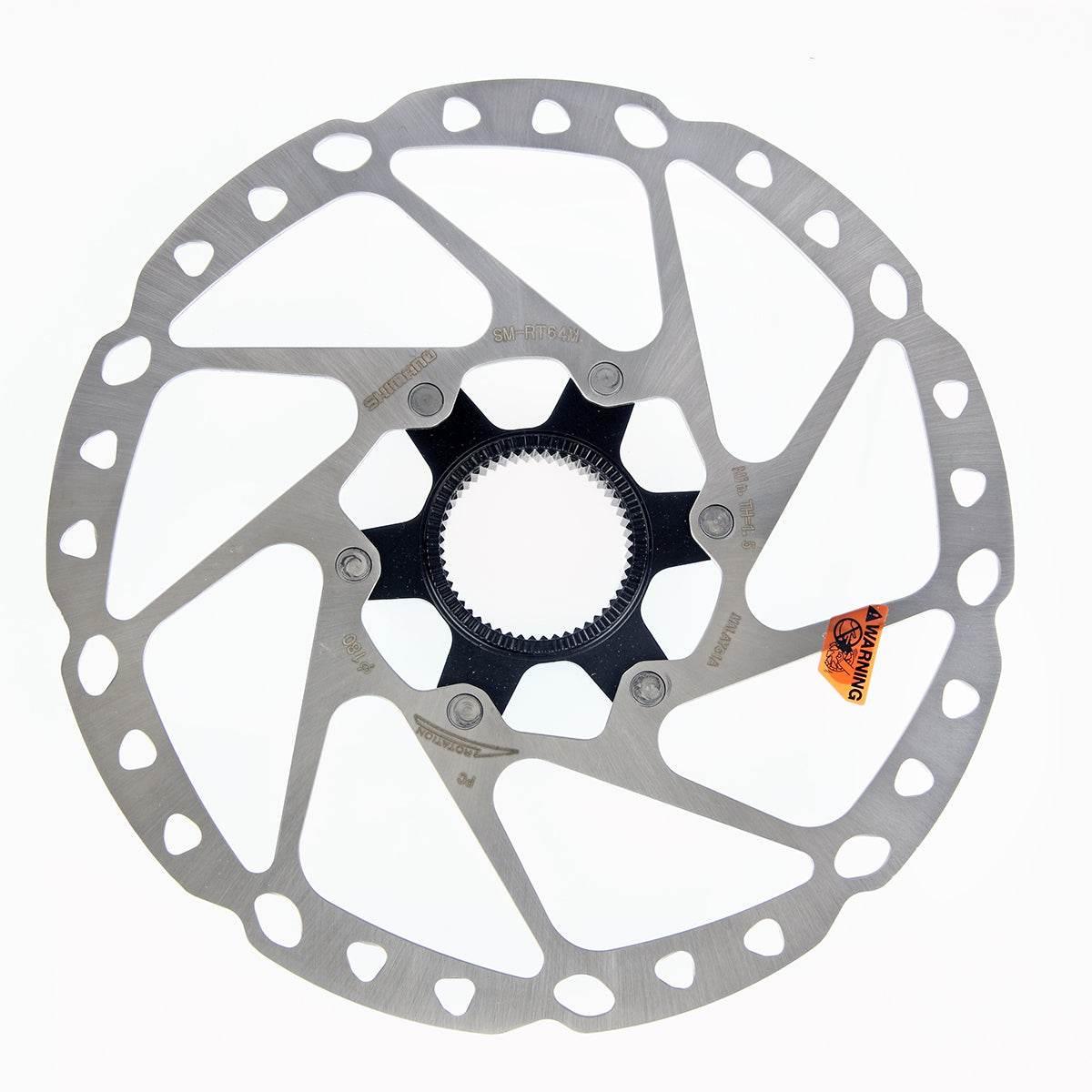 Shimano SM-RT64 cykel skivbromsskiva i rostfritt stål med svart centrum och varningsdekal