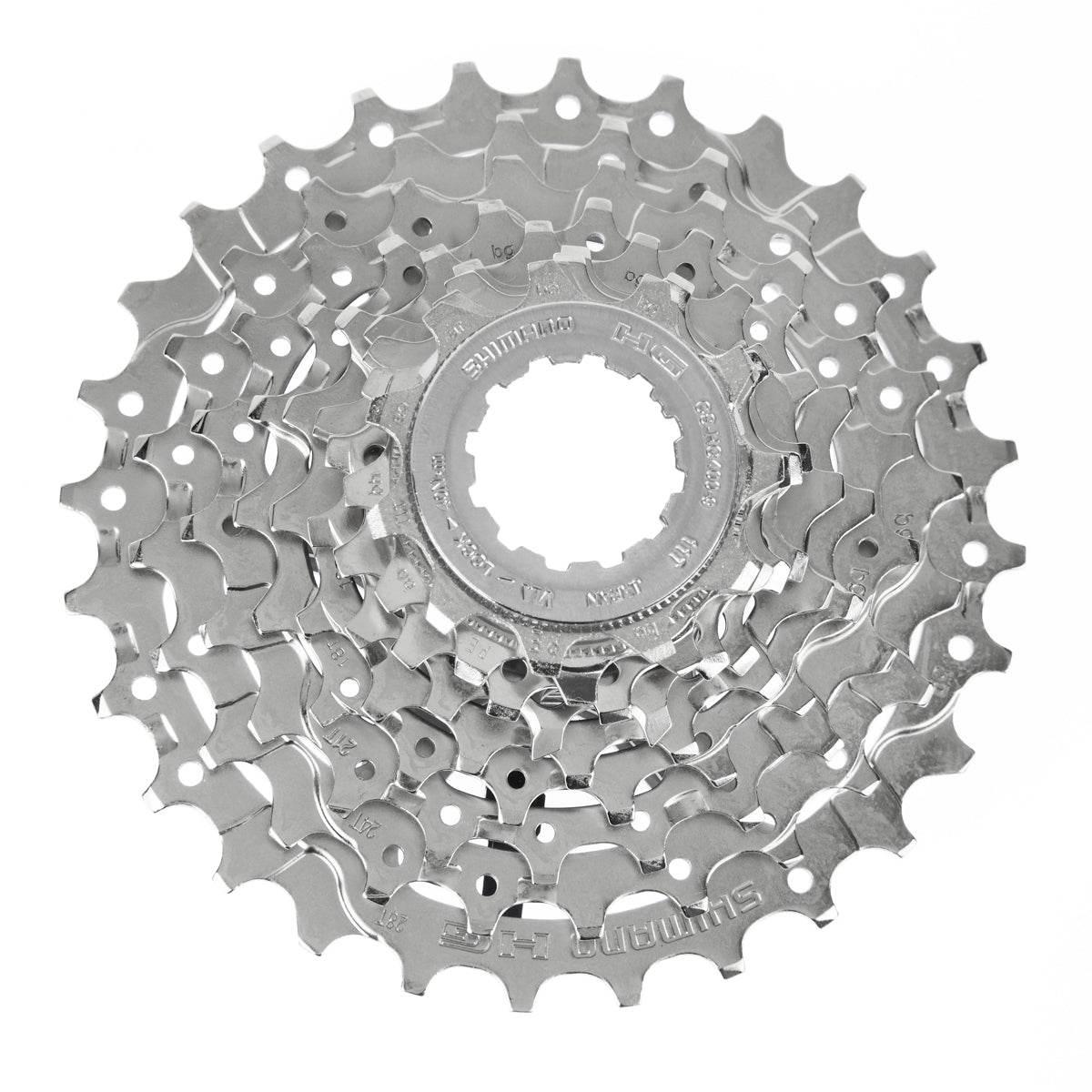Shimano cykelkassett i silver med flera kugghjul för växling