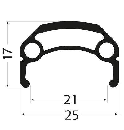 profilritning cykelfälg YAK21 med mått 17 mm höjd, 25 mm bredd, svart kontur
