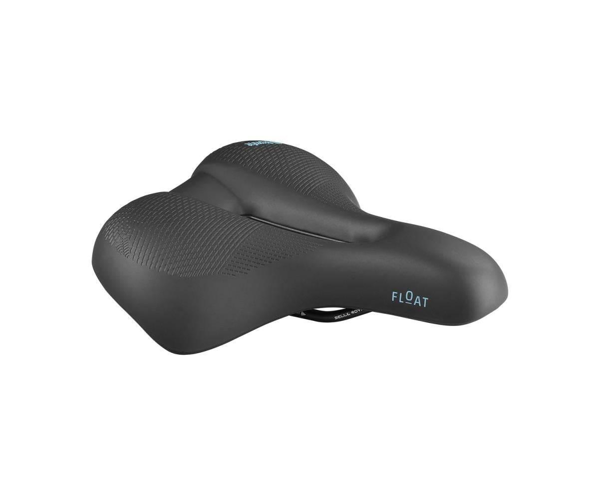 Svart cykelsadel med ergonomisk design och texturen för komfort märkt med FLOAT