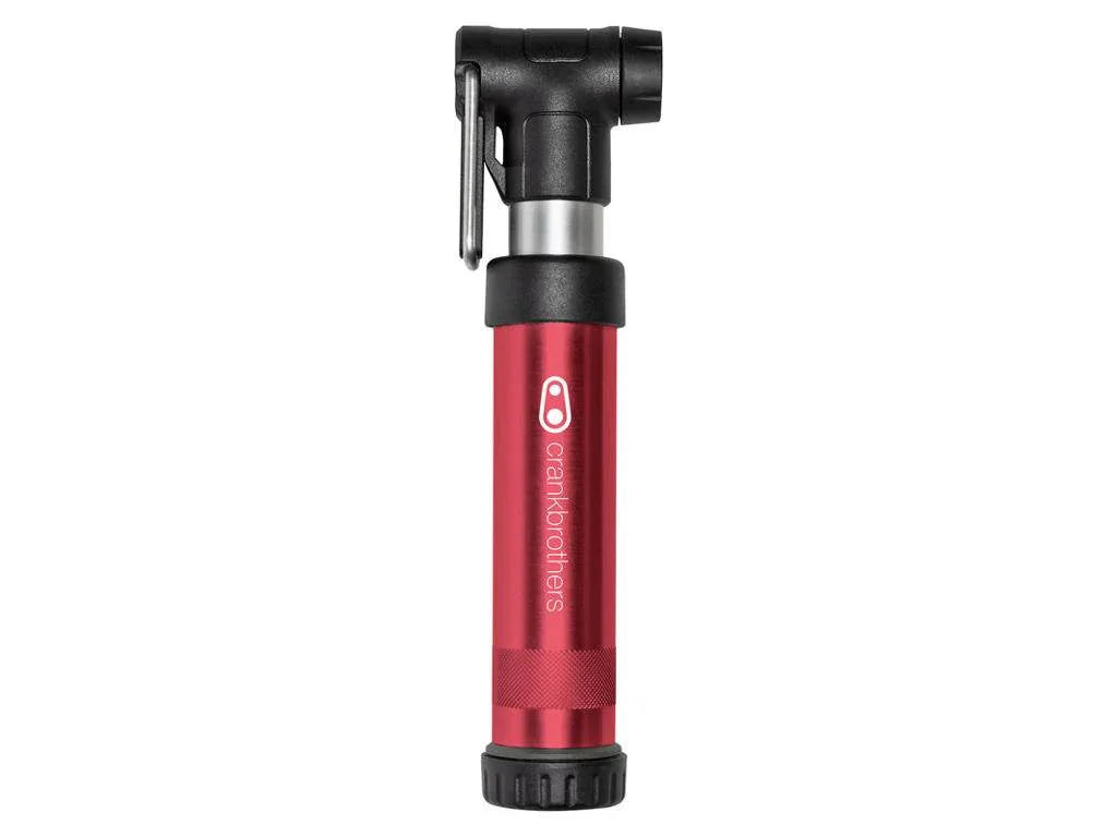 Röd Crankbrothers mini cykelpump med svart munstycke och handtag