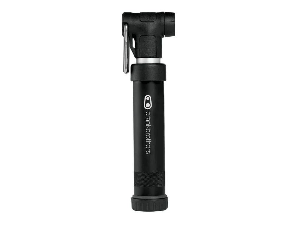 Crankbrothers svart kompakt cykelpump med metallklämma och greppvänligt handtag