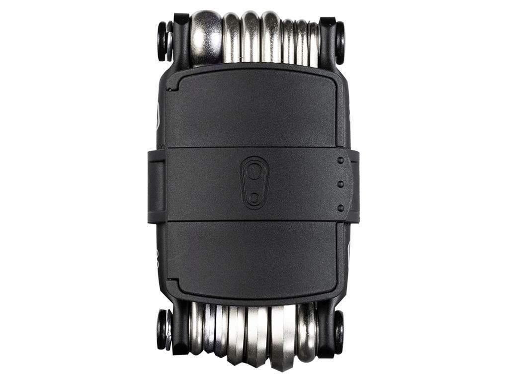 svart multifunktionsverktyg i kompakt design med hopfällda metallytor