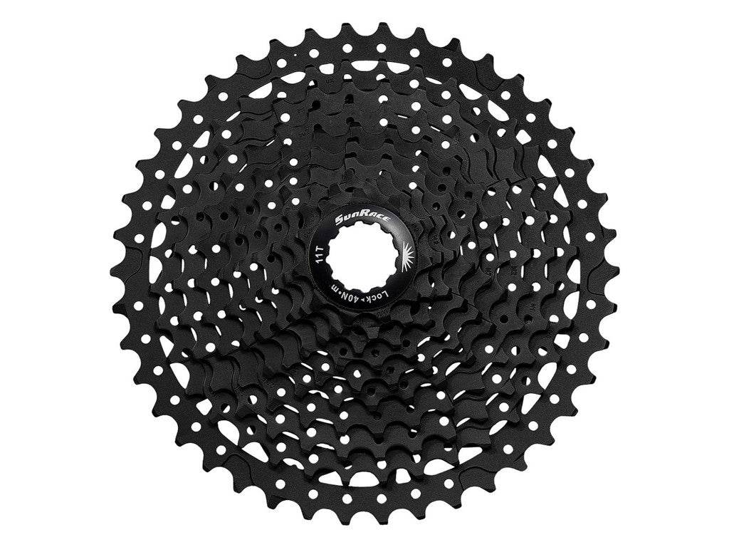 Svart SunRace cykelkassett med elva drev, cykeldel för växelsystem