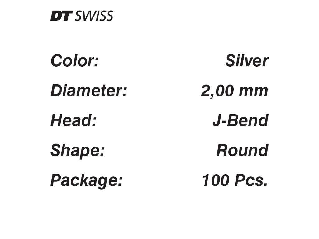 DT Swiss ekerspecifikationer silver 2,00 mm J-bend runt 100-pack