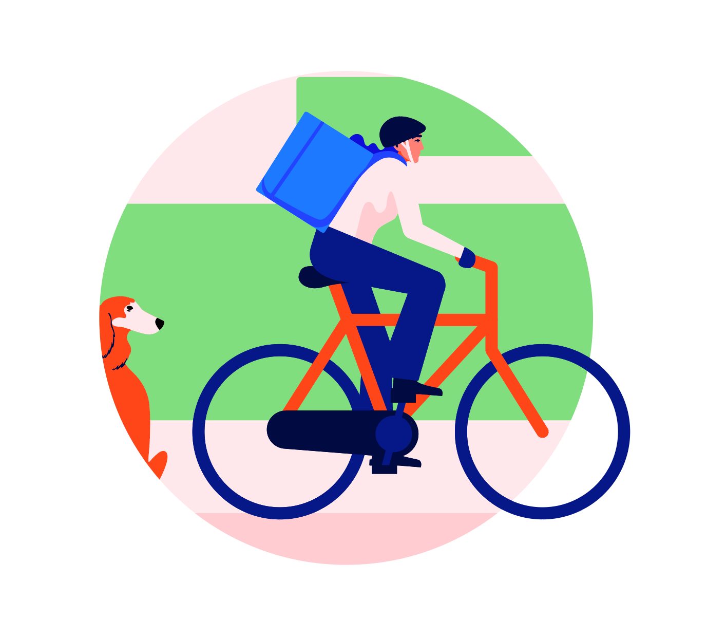 Illustration cyklist med ryggsäck på orange cykel och hund, Vasakronan cykelservice logotyp