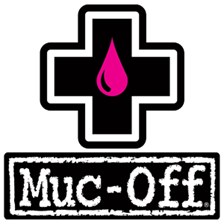 Muc-Off logotyp svart kors med rosa droppe och vit Muc-Off text