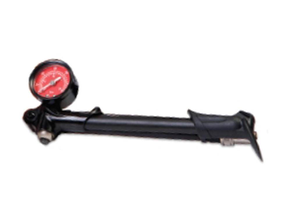 Svart minipump med rött tryckmätare för cykel, kompakt design