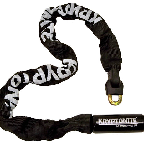 Kryptonite Keeper cykellås med svart kedja och vit logotyp, integrerad låsmekanism