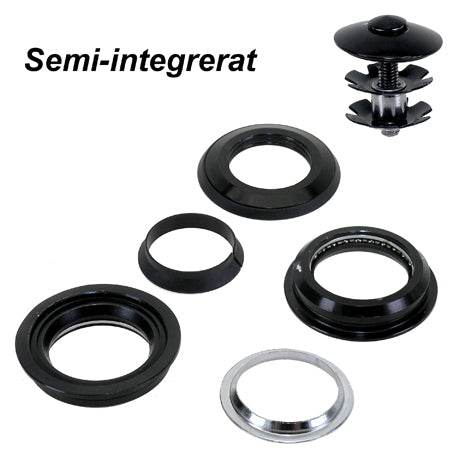 Semi-integrerat styrlager cykel svarta metalldelar flera komponenter ovanifrån