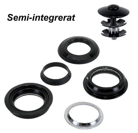 Semi-integrerat styrlager cykel svarta metalldelar flera komponenter ovanifrån