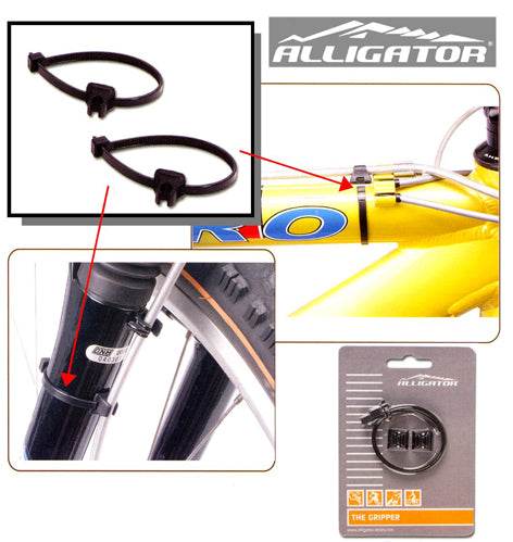 Alligator kabelfäste för cykel, svart plast, monterat på gul ram och cykelgaffel, förpackning syns