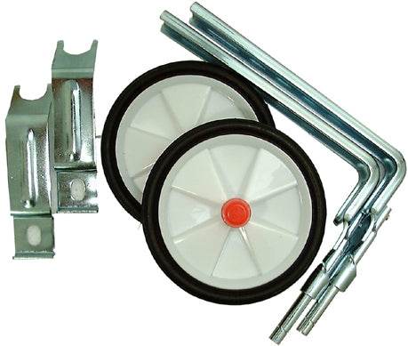 Stödhjul cykel vita med svart kant, metallfästen och stag, tillbehör barncykel