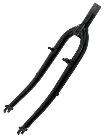 svart cykelgaffel i metall med fästen för bromsar och hjulaxel