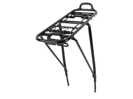 Svart cykelpakethållare i metall med fjäderklämma och stödben
