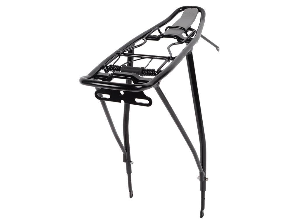 Svart cykelpakethållare i metall med fjäderklämma och robust design