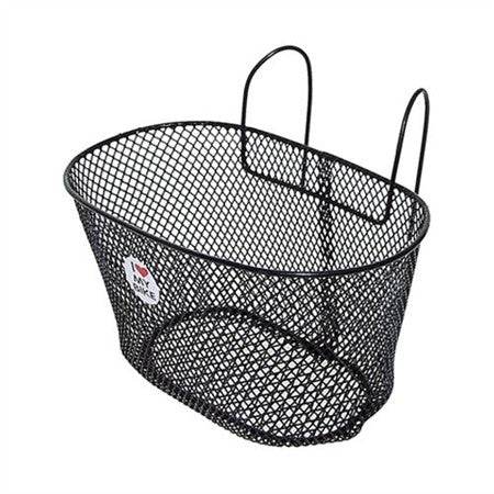 Svart cykelkorg i metall med I Love My Bike-märke, robust och tålig design