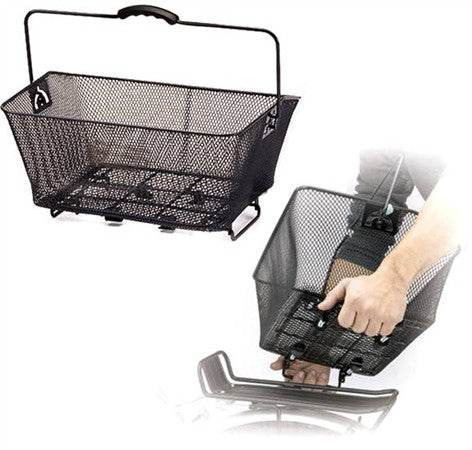 Svart cykelkorg med handtag, avtagbar och monteras enkelt på cykel