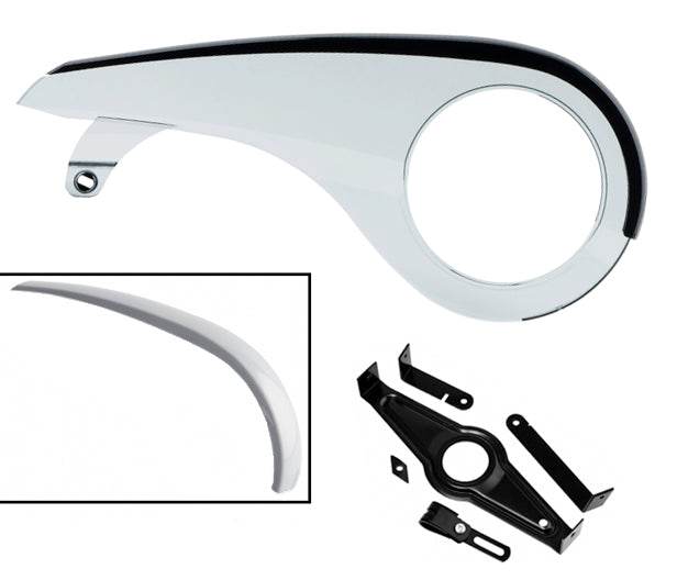 Cykel kedjeskydd i silver med svart kant och monteringsdetaljer, reservdel till cykel