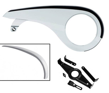 Cykel kedjeskydd i silver med svart kant och monteringsdetaljer, reservdel till cykel