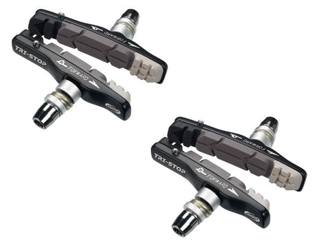 Två svarta cykel bromsklossar TRI-STOP för V-bromsar med metallfästen