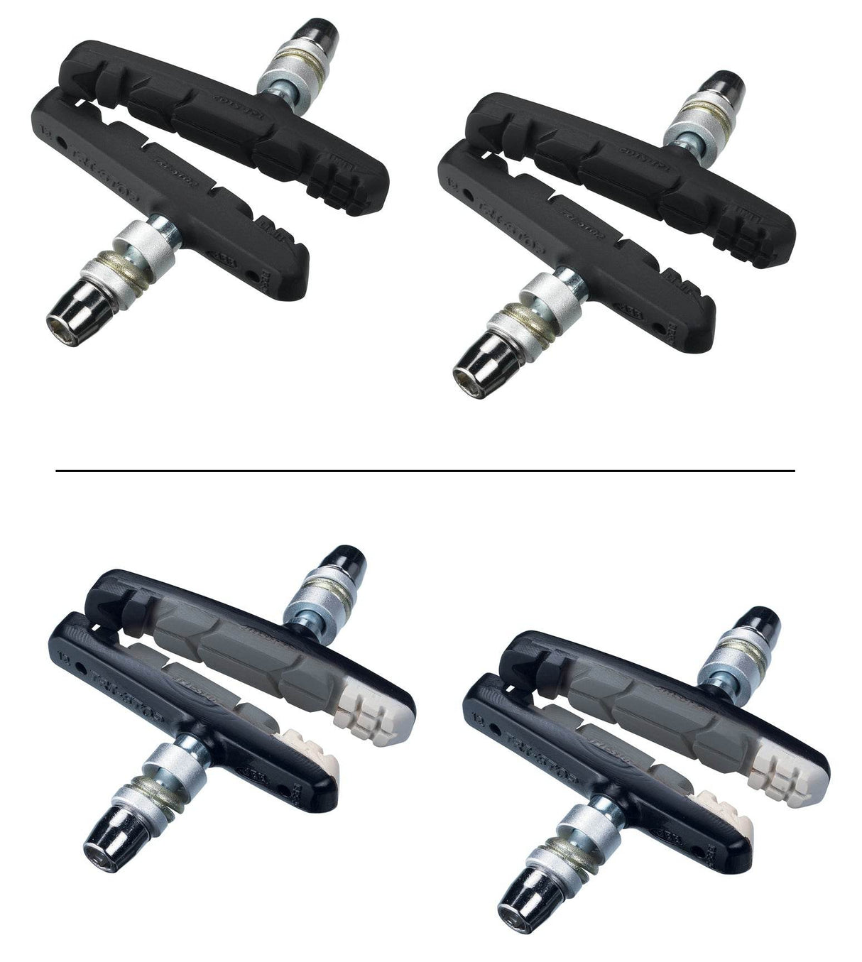 Två par V-bromsbelägg cykel, svarta och svart/grå, på nära håll.