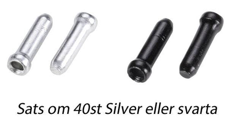 Två silverfärgade och två svarta vajerändhylsor till cykel, text: Sats om 40st Silver eller svarta