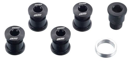 svarta BBB kedjebolt med distans, cykeldelar, fem bultar och en silverring