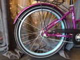 Lila cykel bakhjul med blå däckremsa och kedja