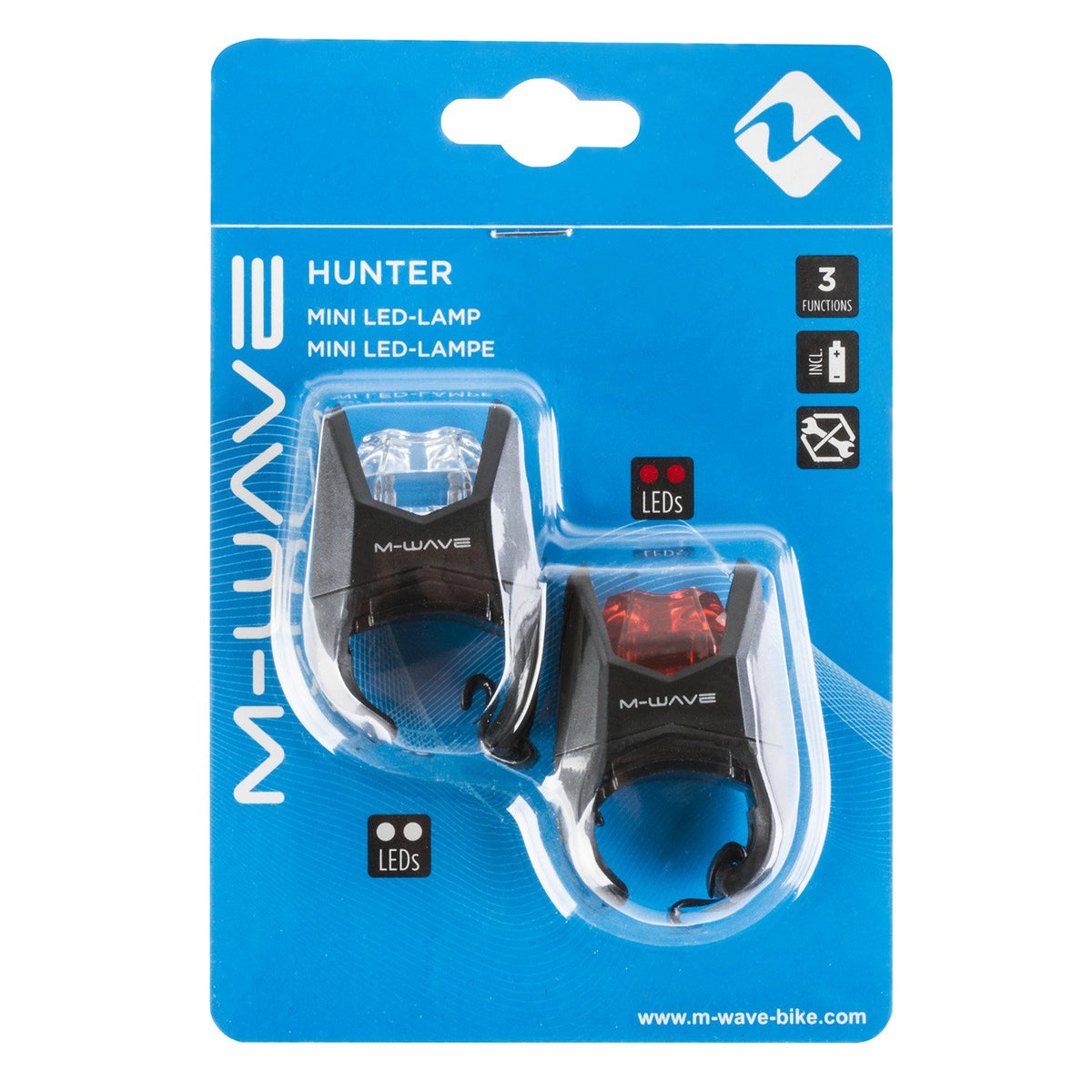 M-Wave Hunter mini LED-lampset med vit framlampa och röd baklampa i svart silikon