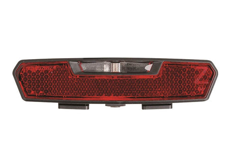 Röd cykelreflex bak med hexagonmönster och svart kant, cykeltillbehör