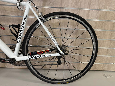 Vit Canyon racercykel bakhjul och ram med Continental Ultra Sport däck