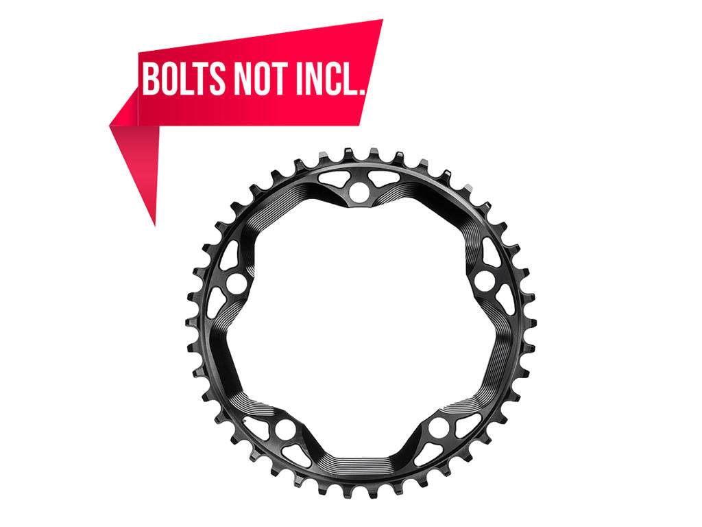 svart cykelkedjedrev rund, text BOLTS NOT INCL., cykeldel med tänder