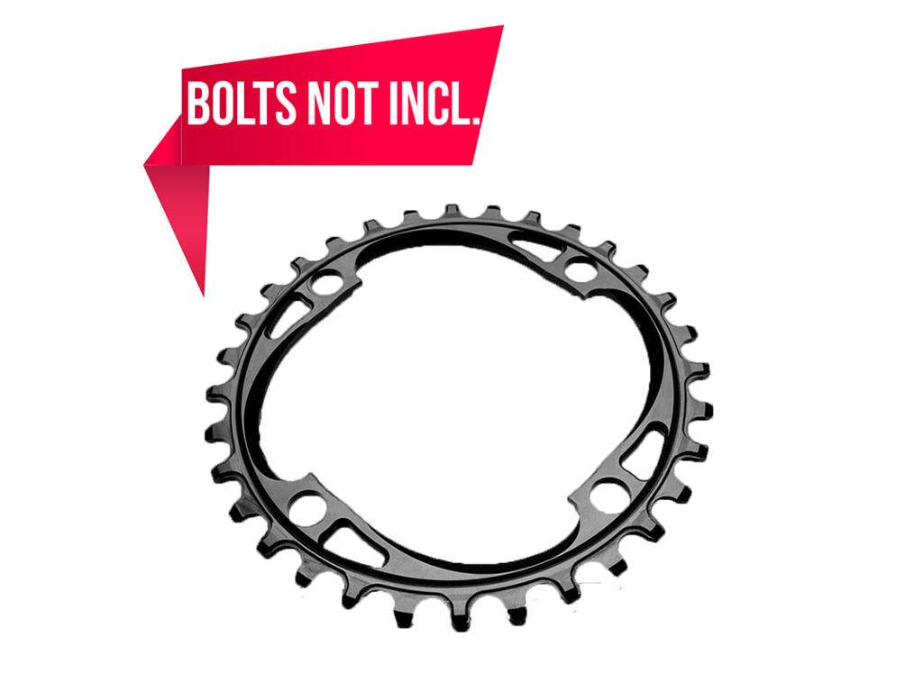 svart cykelkedjekrans oval form, text 'bolts not incl.' i rosa banderoll